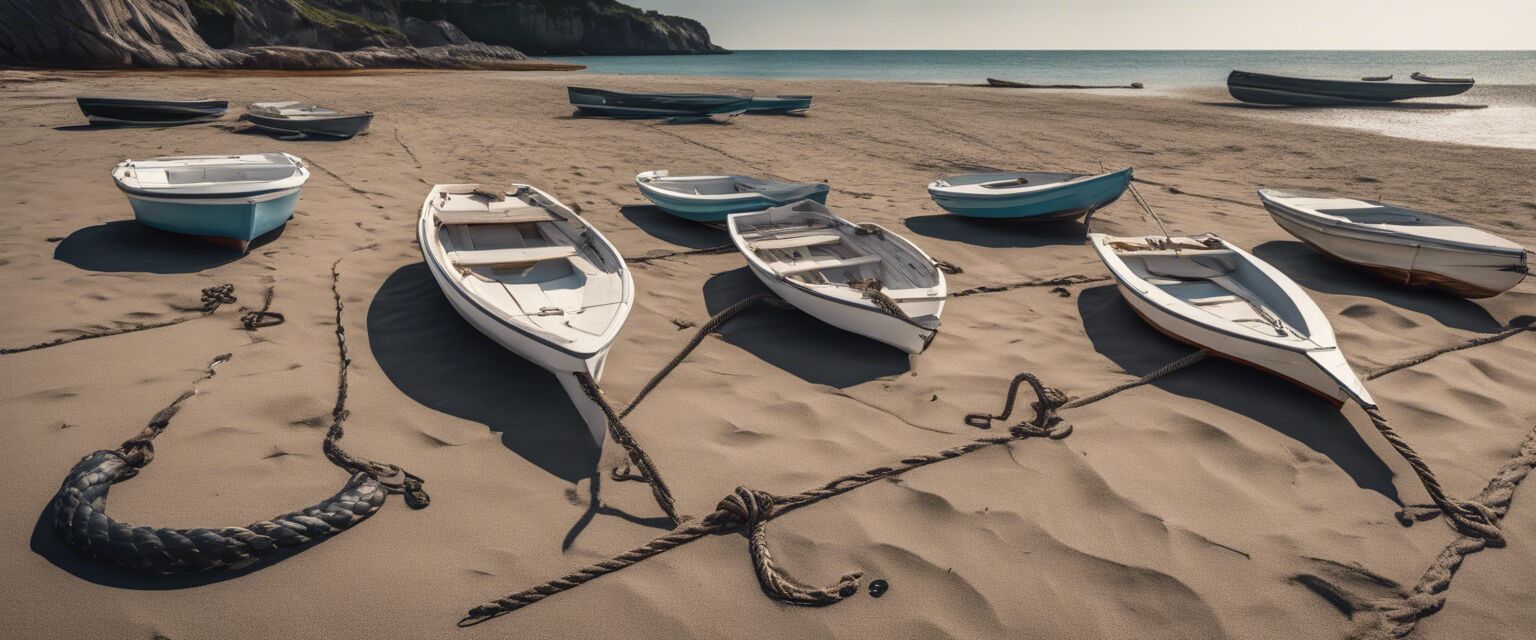 Various small boat anchors on a beach